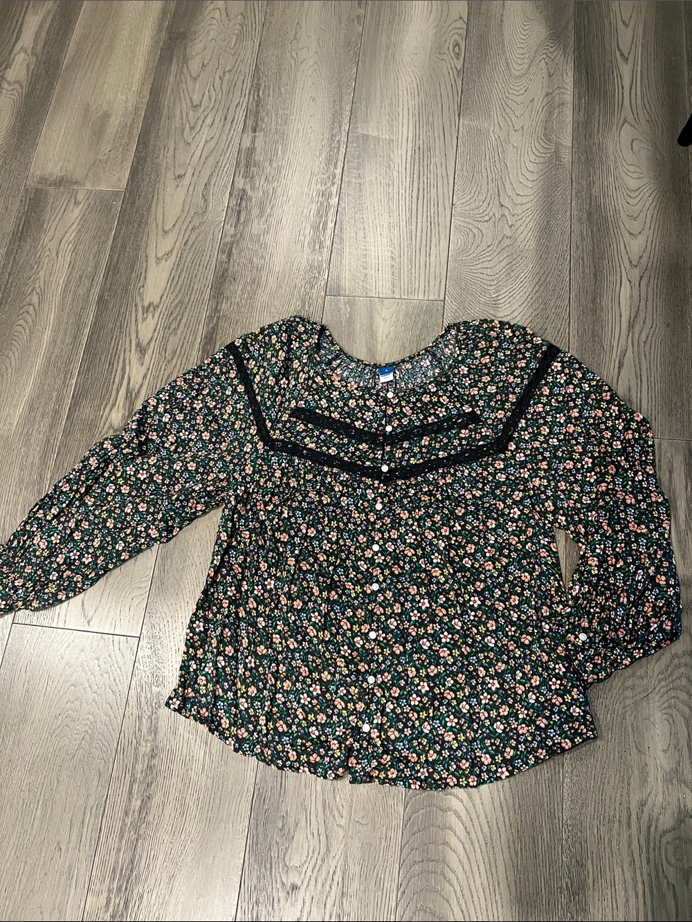 Old Navy Black Floral Peasant Blouse with Pink and Cream Accents
